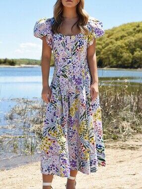 Jessie Zhao Floral Puff-Sleeve Midi Dress in White and Multi